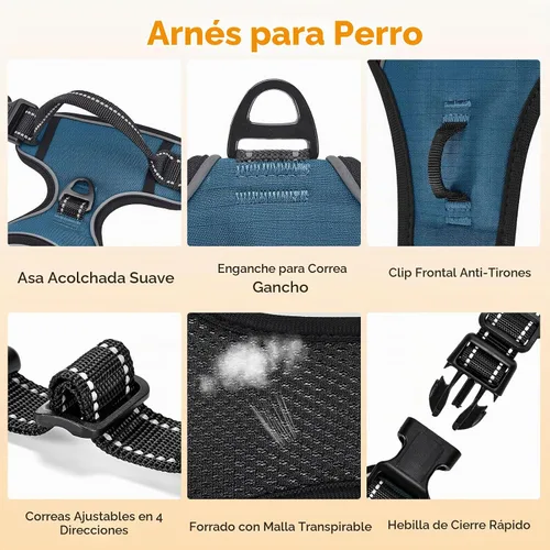 Vista 8 de Arnés para perro sin tirones, chaleco reflectante acolchado suave sin estrangulamiento, con clip frontal y asa superior, 2 hebillas de liberación