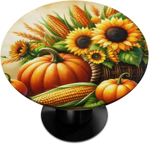 Vista 30 de Mantel redondo ajustado con diseño de calabaza de otoño, hojas de otoño, color amarillo, pequeño con borde elástico, manteles circulares lavables