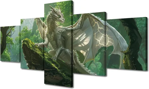Vista 97 de Lienzo decorativo para pared de sala de estar, lienzo de dragón, 5 paneles, dragón verde, decoración de pared para el hogar, decoración de pared