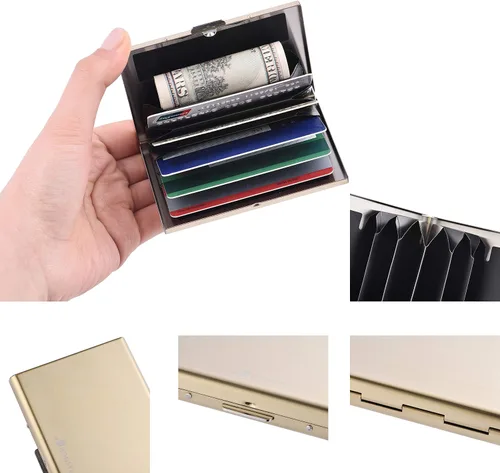 Vista 34 de BONSYL® Soporte para tarjetas de crédito, cartera delgada de metal con bloqueo RFID, con 6 ranuras para tarjetas, para mujeres y hombres.