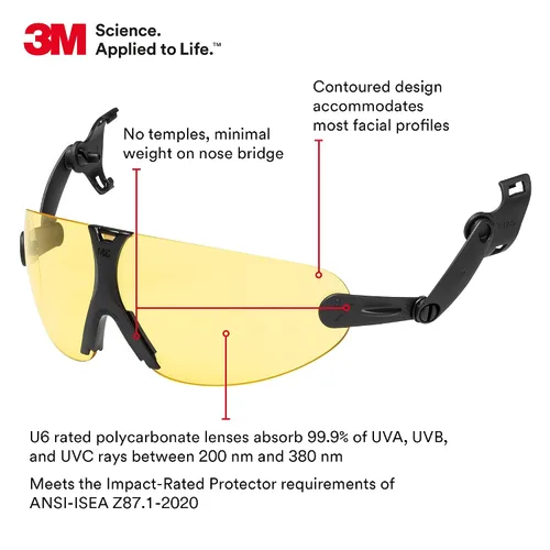 Vista 3 de 3M Anteojos de seguridad, ANSI Z87, lente ámbar antiniebla, se fija a la suspensión del casco, paquete de 1