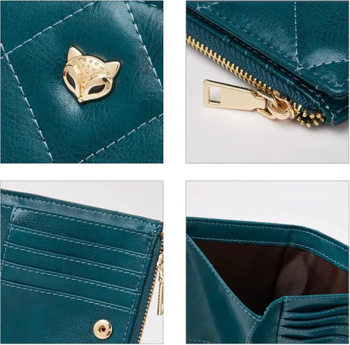 Vista 5 de FOXLOVER RFID - Mini portatarjetas de cuero genuino para mujer, cartera pequeña de cuero para tarjetas, Azul A