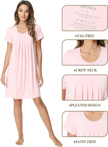 Vista 4 de NACHILA Camisones para mujer, viscosa hecha de bambú, camisón de manga corta, plisado, ropa de dormir suave