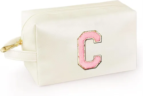 Vista 23 de Bolsa de maquillaje personalizada con inicial con asa, bolsa de cosméticos de preparación con bolsillo interior con cremallera, 8, 9, 10, 11, 12 Rosa