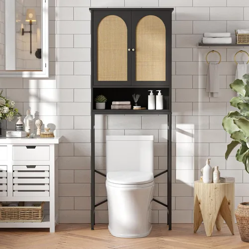 Vista 11 de Gabinete de almacenamiento sobre el inodoro con puertas estilo granja y estante ajustable, organizador de baño alto con soporte de metal que ahorra