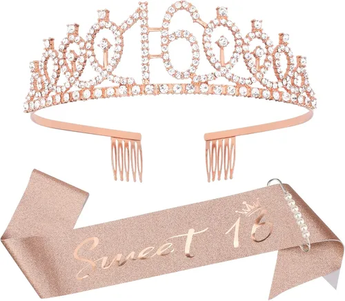 Vista 8 de Semato Kit de Corona de Cumpleaños 16 y Banda de Dulces 16 Rosa Claro - "Dulces 16" Adornos para Fiesta de Cumpleaños, Regalos para Fiesta de Rosa