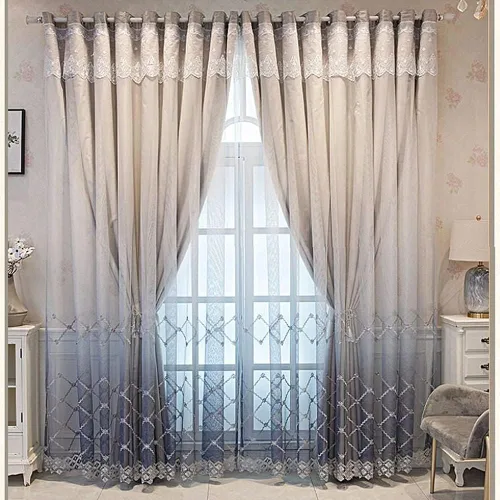 Vista 10 de Amidoudou 1 par de cortinas geométricas de doble capa para sala de estar, cortinas bordadas con patrón de diamante degradado para dormitorio