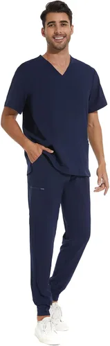 Vista 3 de COZYFIT Conjunto de ropa quirúrgica para hombre camiseta elástica con cuello en V y pantalón deportivo con 8 bolsillos, cintura de yoga, ropa