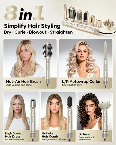 Vista 2 de Moldeador de Aire Caliente 8 en 1 de Doble Voltaje y Cepillo Secador de Cabello con Accesorios Alisador y Rizador, 110,000 RPM Secado Rápido Iónico