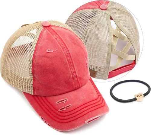 Vista 57 de C.C Gorra de béisbol de malla con diseño de estrella brillante, gorra de camionero ajustable para moño o cola de caballo Una banda elástica-negro