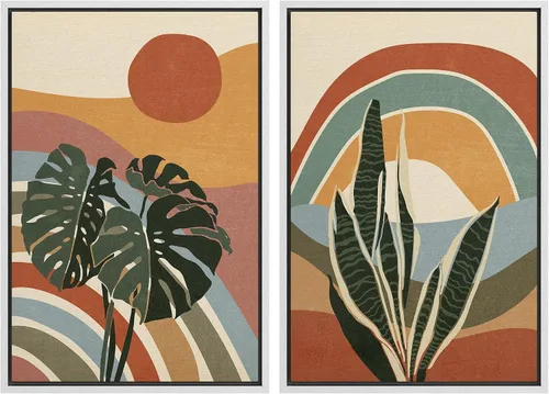 Vista 31 de SIGNFORD Lienzo enmarcado para pared, juego de arte geométrico retro de mediados de siglo, plantas forestales, ilustraciones con formas abstractas