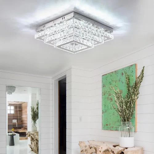 Vista 5 de Finktonglan Accesorio de Lámpara de Techo LED de Cristal Cuadrada Moderna, Candelabro de Cristal Regulable de 15" Luces de Techo de 3 Niveles