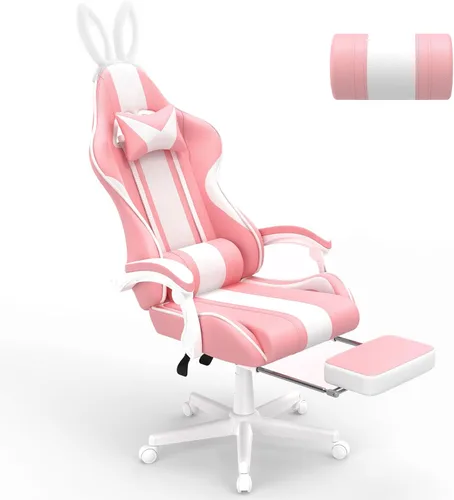 Vista 12 de Ferghana Kawaii - Silla de juegos azul claro con orejas de conejo, ergonómica y bonita silla para jugadores con reposapiés y masaje, silla