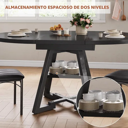 Vista 7 de Mesa de comedor redonda extensible de 43 a 57 pulgadas para 4-6, moderna mesa de comedor ovalada de cocina industrial con hojas extraíbles, base