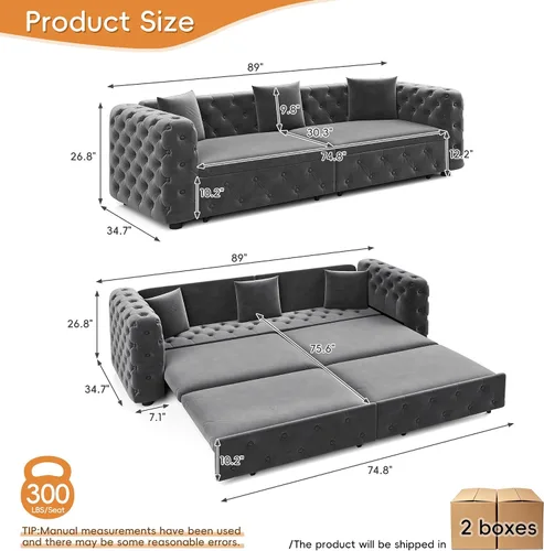 Vista 2 de Polibi Sofá cama extraíble extragrande de 89 pulgadas, sofá cama multifuncional 3 en 1 de 4 plazas con 3 almohadas, sofá clásico copetudo de Gris