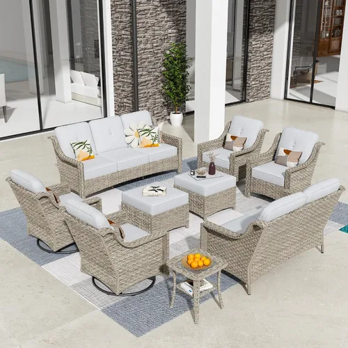 Vista 83 de HOOOWOOO Sofá de patio de 3 plazas de mimbre para exteriores, resistente a todo tipo de clima, con respaldo alto, muebles a juego (beige y bronceado)