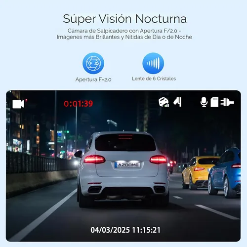 Vista 9 de AZDOME M01 Dual Dash Cam frontal y trasera con tarjeta gratuita de 64 GB, cámara de tablero dual de pantalla de 3" para automóvil, G-Sensor ADAS