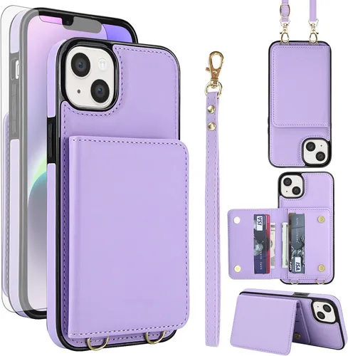 Vista 8 de Funda de teléfono para iPhone 13 Mini de 5.4 pulgadas con protector de pantalla de vidrio templado, correa de muñeca con bloqueo RFID, tarjetero