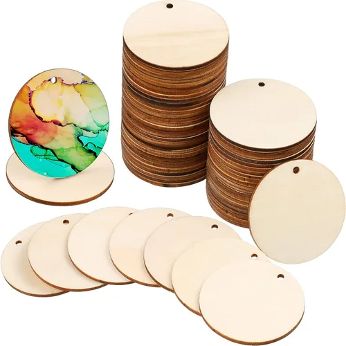Vista 8 de 100 piezas de discos de madera redondos sin terminar con orificios para manualidades, discos de madera circulares en blanco para bricolaje, cortes