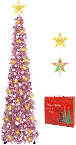 Vista 27 de MACTING Árbol de Navidad desplegable con 50 luces LED con temporizador, 5 pies, árbol de lápiz de oropel plegable de fácil montaje, árbol artificial