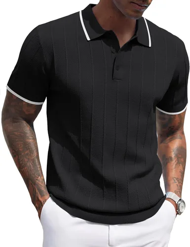 Vista 22 de COOFANDY Camisas polo de punto para hombre de manga corta con textura acanalada Camisas de golf casuales y ligeras con cuello Camiseta de polo