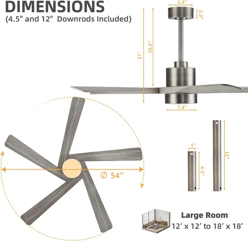 Vista 3 de WINGBO Ventilador de techo ABS DC de 54 pulgadas con luces, ventilador de techo de grano de madera ABS de 5 aspas con control remoto, motor CC