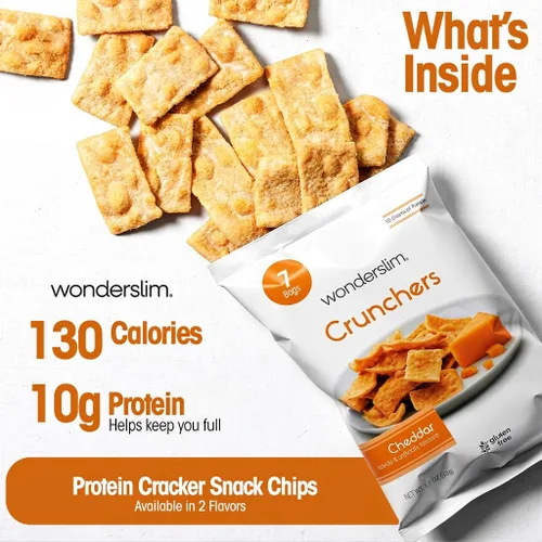 Vista 3 de WonderSlim Chips de galletas de proteína, cheddar, 0.35 oz de proteína, 0.11 oz de grasa, sin gluten (7 unidades)