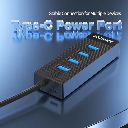 Vista 5 de Hub USB 3.0 de 4 puertos para escritorio, concentrador USB de 5 Gbps, adaptador multipuerto USB, divisor USB con cable de 5 pies de largo