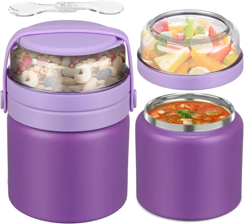 Vista 9 de JXXM Tarro de comida con doble aislamiento 2 en 1 de 13.5 onzas, termo de sopa con contenedor de aperitivos para niños, termo para comida caliente
