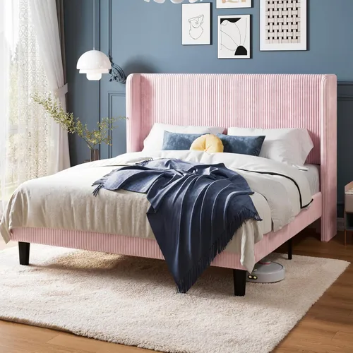 Vista 18 de Allewie Marco de cama tamaño completo con cabecera tapizada tipo wingback, cama plataforma de terciopelo de pana con capitoné de canales verticales
