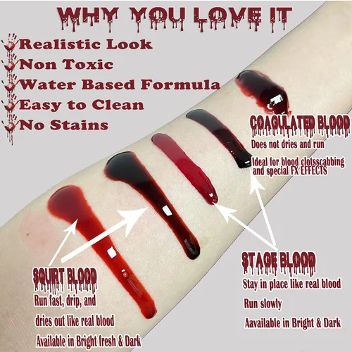 Vista 4 de CCBeauty Sangre falsa lavable, maquillaje de sangre para chorro, sangre líquida comestible realista segura para ropa, disfraz de Halloween, teatro