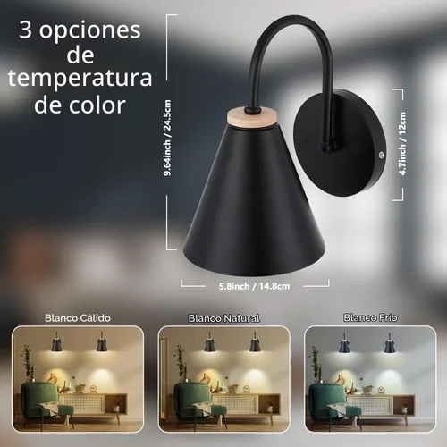 Vista 2 de Aplique de pared industrial de madera sintética negra, funciona con pilas, fácil de instalar, sin cables, bombilla LED regulable con control remoto
