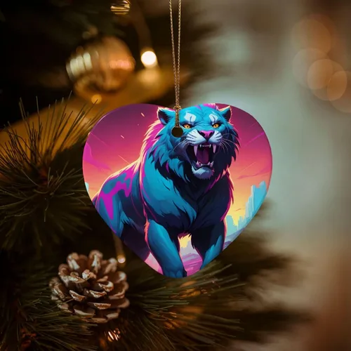 Vista 5 de Synthwave Sabertooth patterned Star Shape ceramic pendant, perfect for decorating your home Christmas tree for winter parties
