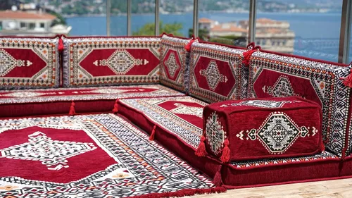 Vista 4 de arabicsofa Juego de sofá de piso árabe granate en forma de L - Majlis modular hecho a mano con asientos bajos