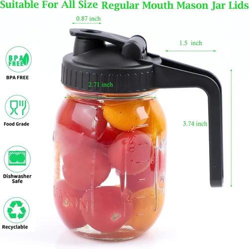 Vista 3 de Tapas de boquilla para verter tarro Mason con asa de boca regular con tapa abatible, herméticas y a prueba de fugas para verter y almacenar