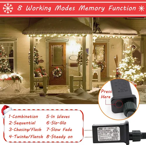 Vista 2 de Luces de Navidad para exteriores, 300 luces LED de 108 pies con 8 modos, enchufe de extremo a extremo, certificado UL, guirnalda de luces