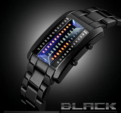 Vista 2 de Reloj digital digital para hombre, diseño de matriz binaria creativa, resistente al agua, de acero inoxidable, de plata militar