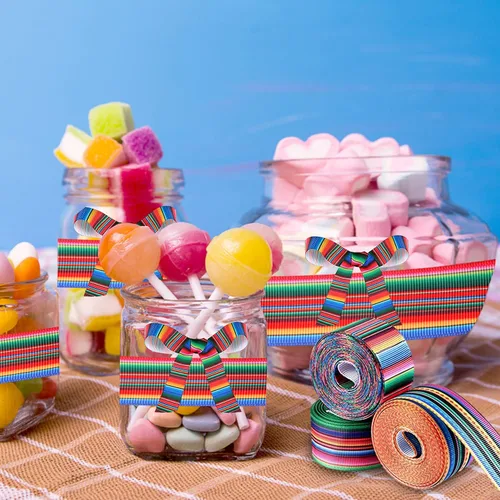 Vista 6 de Cinta de Serape mexicano para fiesta, 4 rollos de cinta de rayas de arco iris, cinta mexicana para fiesta, cinta de grogrén colorida para envolver