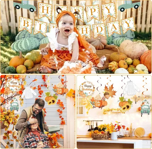 Vista 6 de Decoraciones de fiesta de calabaza pequeña, pancarta de feliz cumpleaños de Acción de Gracias y decoraciones de remolinos colgantes para fiesta