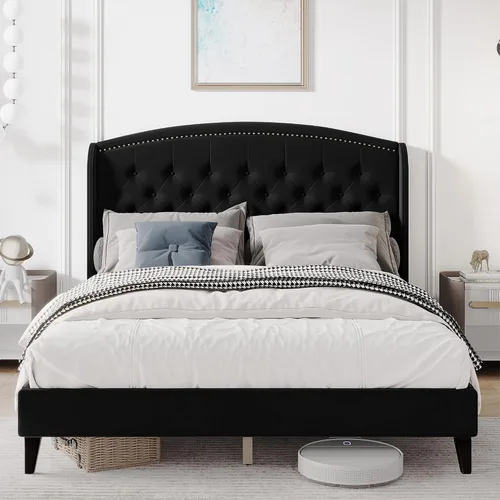 Vista 9 de Base de cama tamaño Queen, plataforma tapizada con cabecera de ala y diseño capitoné de botones, soporte de listones de madera, fácil montaje,