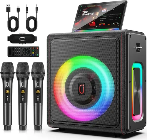 Vista 10 de Máquina de karaoke, altavoz portátil Bluetooth 5.3 con 2 micrófonos inalámbricos para adultos, sistema PA con corrección de tono y ajuste de eco