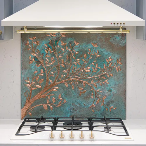 Vista 17 de Azulejos de salpicadura de cocina de cobre hechos a mano, ramas de árbol con hojas para salpicadura de cocina, panel decorativo de salpicadura