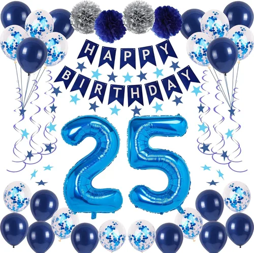 Vista 20 de Decoraciones de fiesta de cumpleaños azul número 29 para hombres y mujeres, suministros de globos de feliz cumpleaños 29 con pancarta de feliz