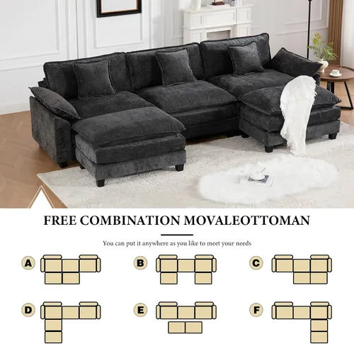 Vista 278 de Sofá seccional modular verde de 111.5", sofás seccionales grandes de 3 plazas para sala de estar, sofá nube oversized de tela chenille con otomana