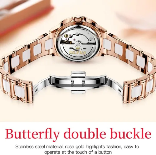 Vista 8 de OLEVS Relojes automáticos de esfera roja para mujer cuerda automática pulseras de dos tonos de oro rosa reloj de mujer relojes de moda reloj