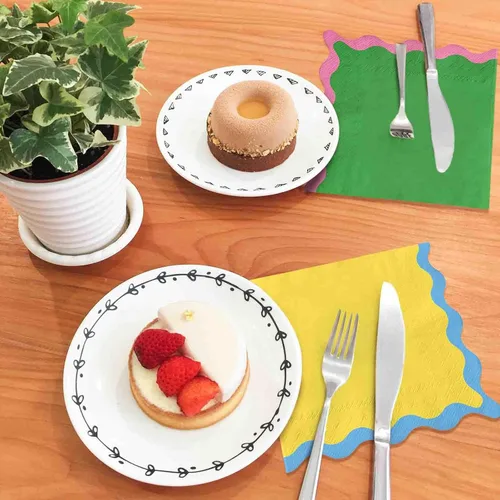 Vista 5 de Whaline 100 servilletas de papel festoneado azul, verde, rosa, amarillo, servilletas de almuerzo, desechables, decorativas, para postres, cenas