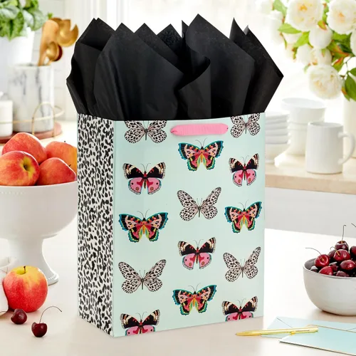 Vista 2 de Hallmark Bolsa de regalo grande de 13" con papel de seda (mariposas, verde menta, rosa, negro) para Pascua, Día de la Madre, despedidas de soltera