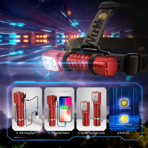 Vista 5 de Wurkkos Linterna frontal LED recargable, HD15 2000lm linterna de ángulo recto con 90 LED LH351D de alto CRI, potente foco LED SST20, IPX8 Rojo
