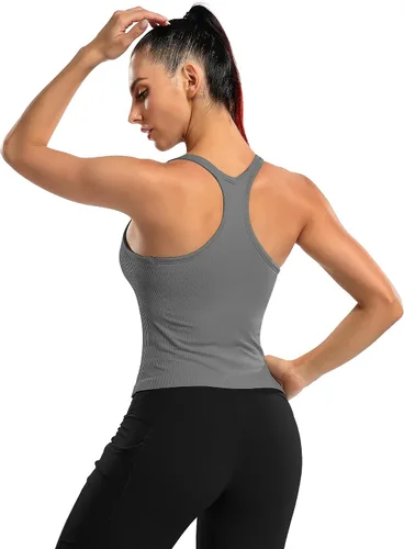 Vista 148 de ATTRACO Camiseta corta acanalada de entrenamiento para mujer con brasier integrado para yoga, espalda cruzada, ajuste ajustado