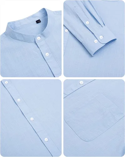 Vista 5 de Alimens & Gentle Camisas de algodón y lino para hombre, camisa de manga larga con botones, cuello de banda, camisas de playa